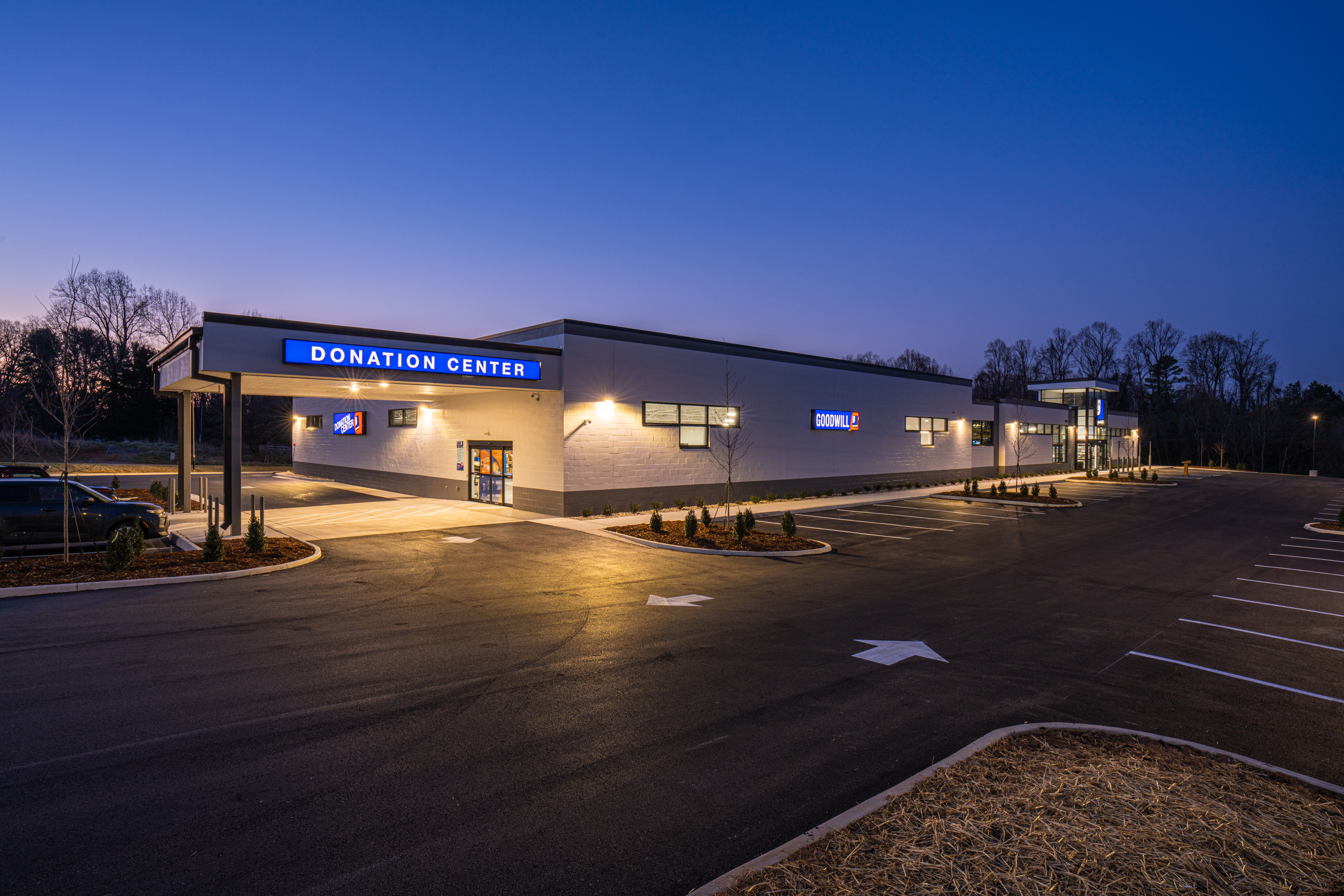picture of the front of the donation drive thru showing the entire front of the building
